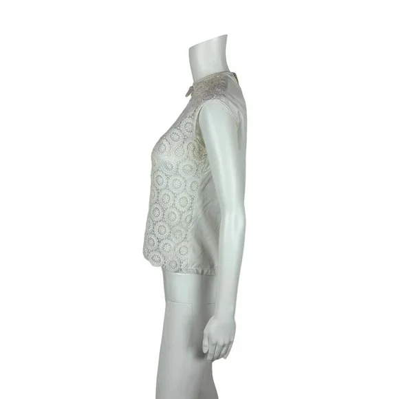 Vintage 50s Lace Blouse Women's Medium White Bow Neck Button Back Sleeveless